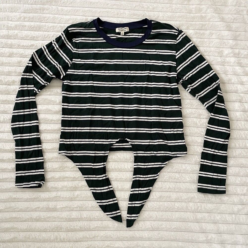 Heart & Hips Striped Tie Front Long Sleeve Cropped Top Green Coastal Sailor S